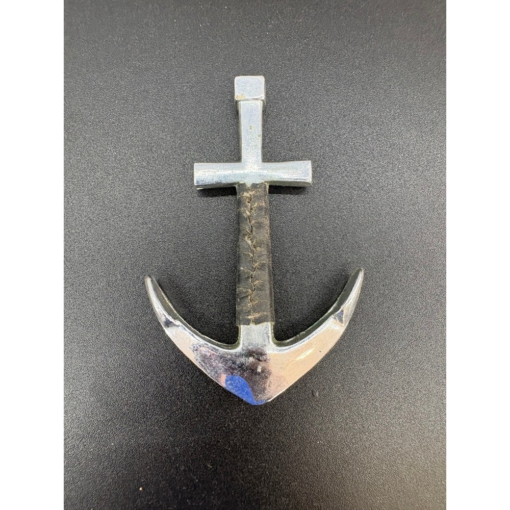 Vintage Nautical Anchor Cross Chrome Metal Emblem Leather Wrapped 4 Inch
